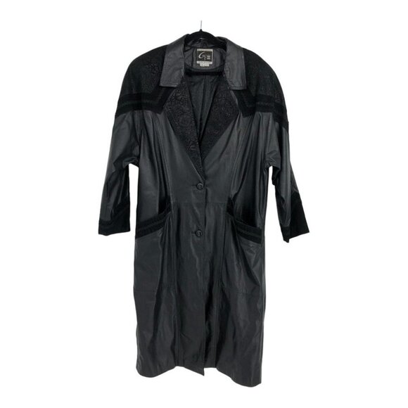 G-III Vintage Black  1980s Leather w/ Paisley Suede Trim Trench Coat LG - Picture 15 of 15